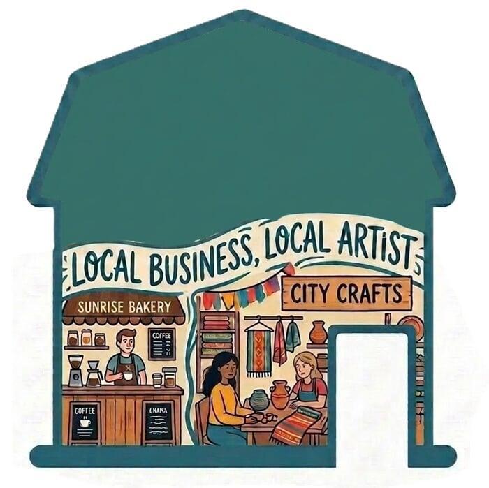 Icon of a business with a sign out front, sign reads NEW