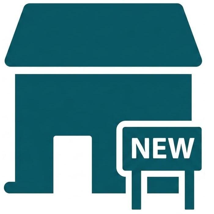 Icon of a business with a sign out front, sign reads NEW