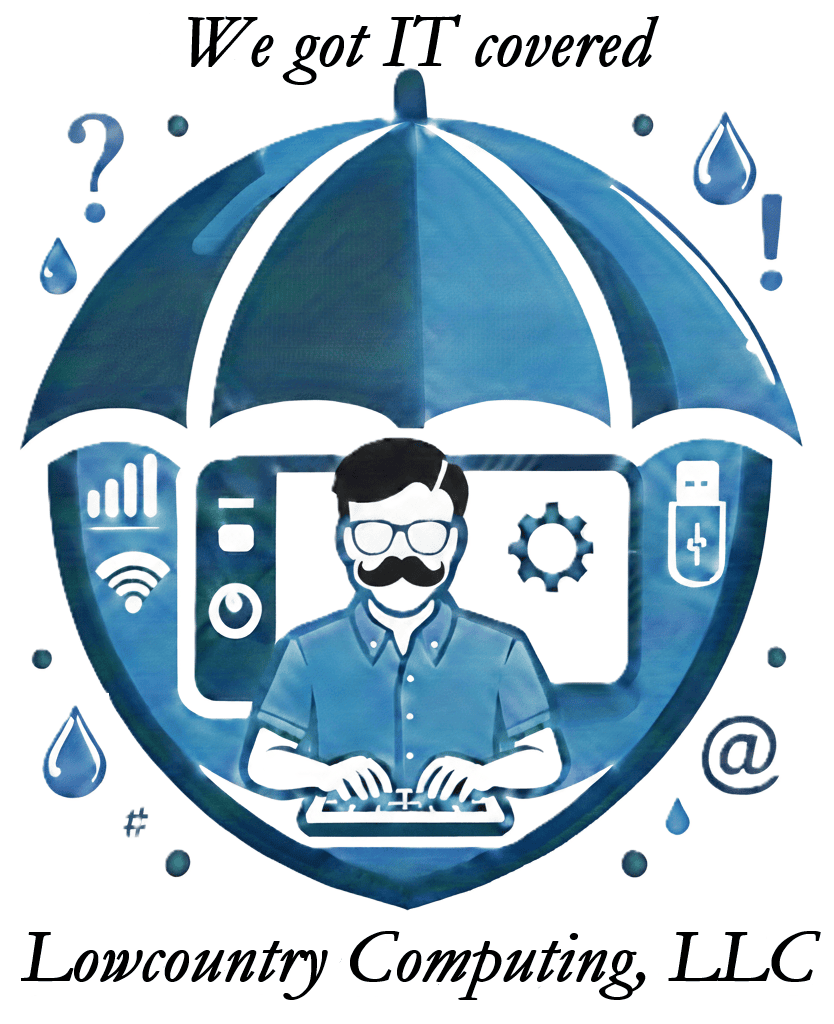 We got IT covered - man at keyboard under umbrella - Lowcountry Computing, LLC