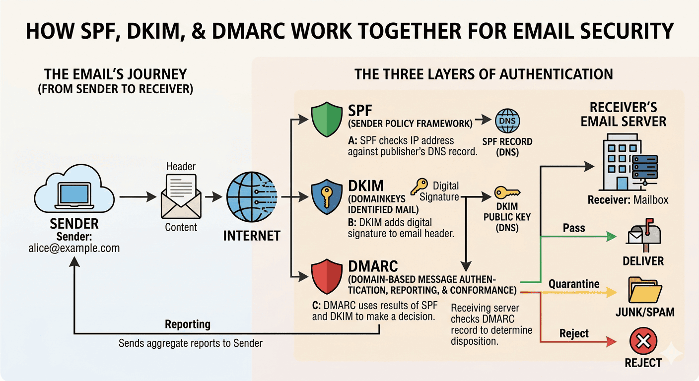 Diagram showing sender using SPF for trusted IP, DKIM for digital signature, and DMARC to instruct receiving server what to do with non-matching emails
