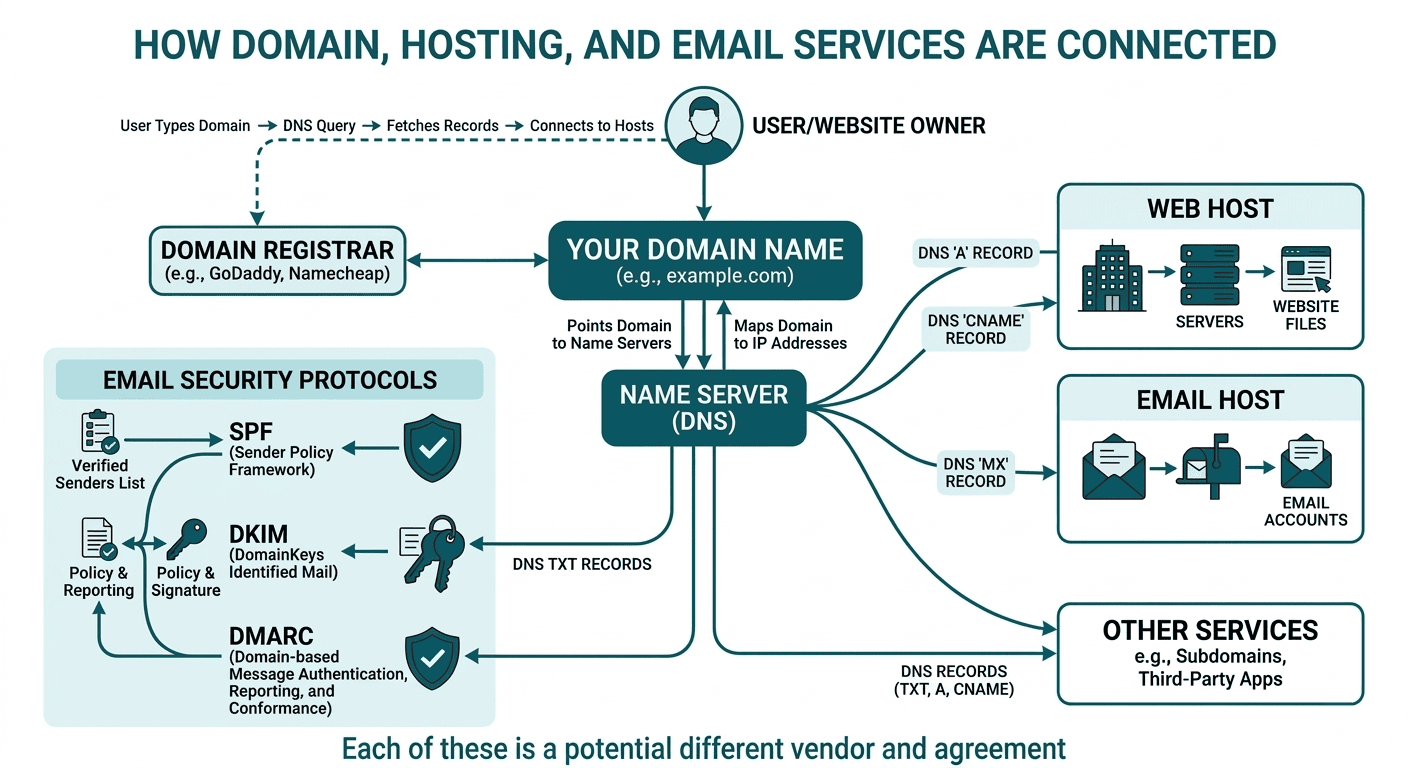 Diagram showing Registrar, DNS, Web Hosting, EMail Hosting & SPF/DKIM/DMARC, and Other records