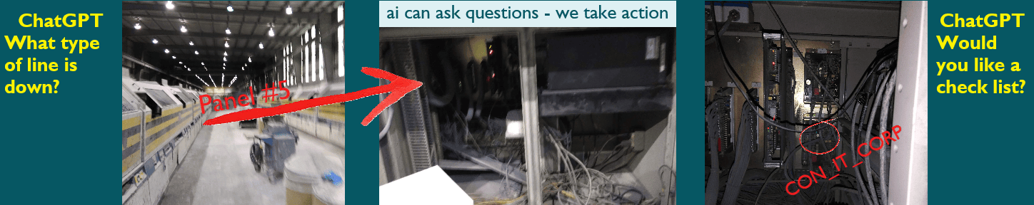 Industrial line with disconnection to main IT, ChatGPT asking what type of line is down and would you like a check list.  Caption reads ai can ask questions - we take action