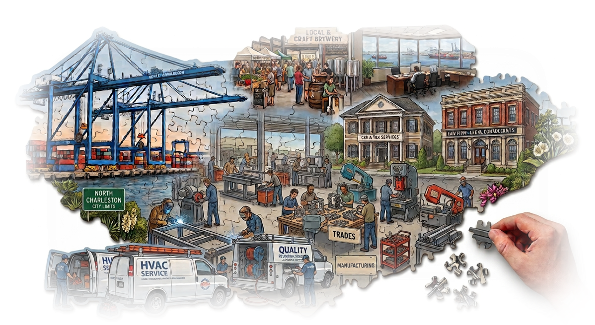Puzzle mostly put together showing professional and skilled labor of North Charleston