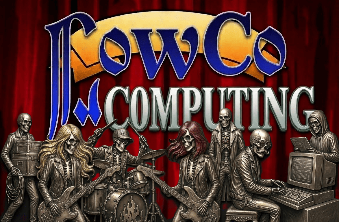 In style of Mozart's Ghost the name LowCo Computing with skeleton rock band